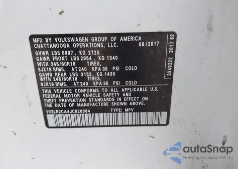 2018 Volkswagen Atlas 3.6L V6 Se/3.6L V6 Se W/Technology из США, поврежденный, VIN 1V2LR2CA4JC520364